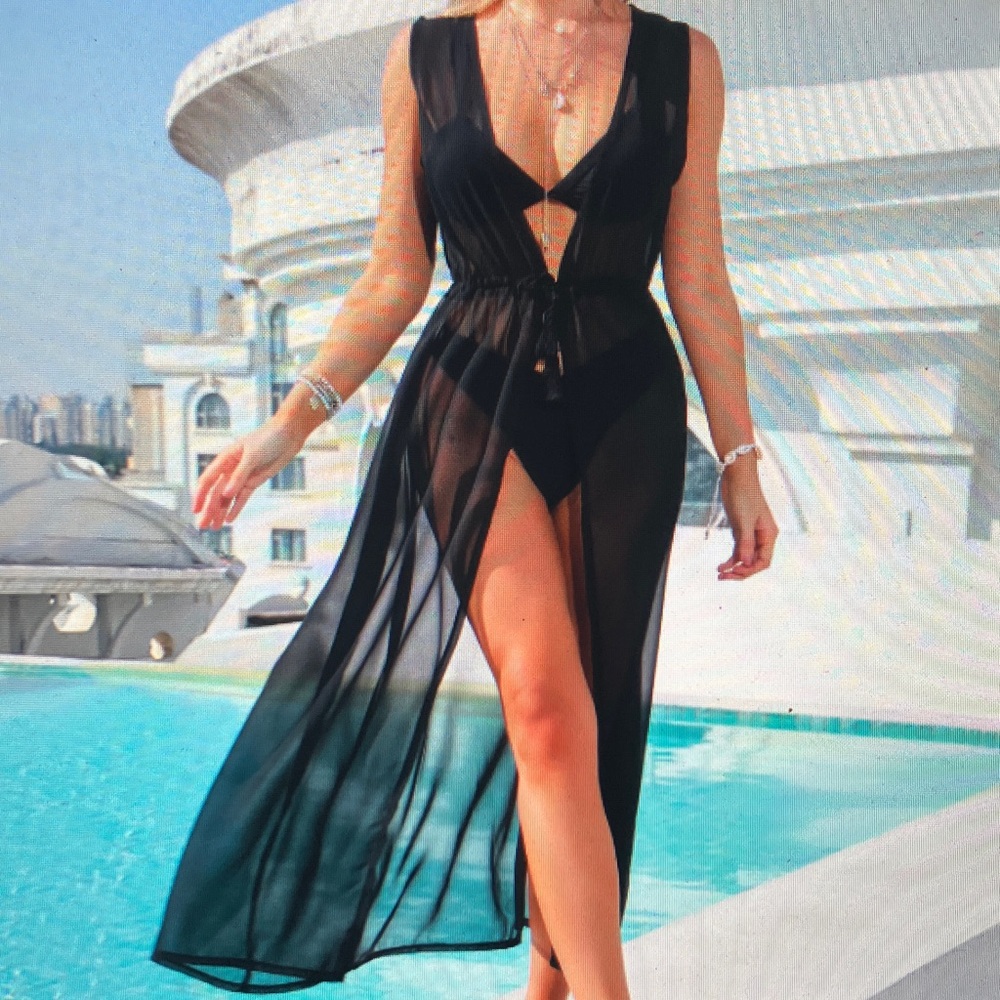 Black Sheer Cover-Up Dress for Women - Elegant Poolside Swimwear